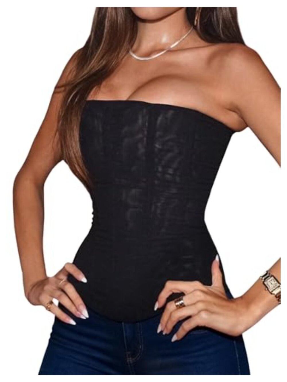 Strapless Corset Top Women Mesh Bustier Party Club Steel Boning